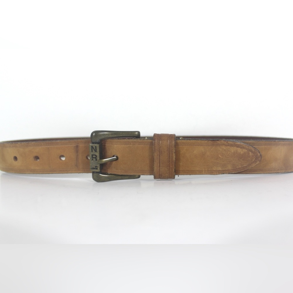European Tan Sueded Leather Belt with Antiqued Brass Buckle Made in Canada